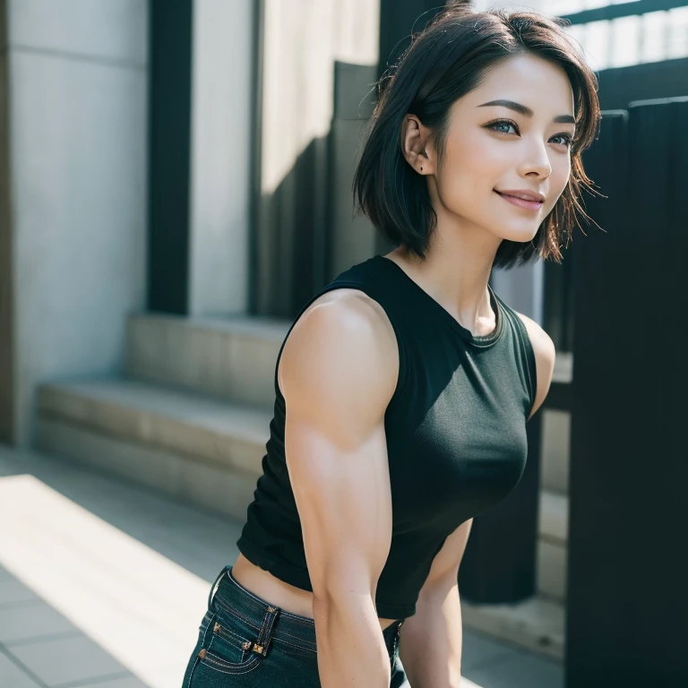 (extremely detailed CG unity 8k wallpaper), full shot body photo of the most beautiful artwork in the world, stylized urban fantasy art, ((perfect muscular arms)), perfect muscular abs, ((perfect muscular legs)), (((black modern casual clothes))), black jacket, black tank top, (((black jeans))), short spiky hair, black hair, (((sidecut hair))), detailed hair, detailed face, detailed eyes, black eyes, green eyes, (athletic), (((muscular warrior woman))), (powerful build), (tall), ((strong)), beautiful pale complexion, predatory smile, martial artist, Kristin Kreuk