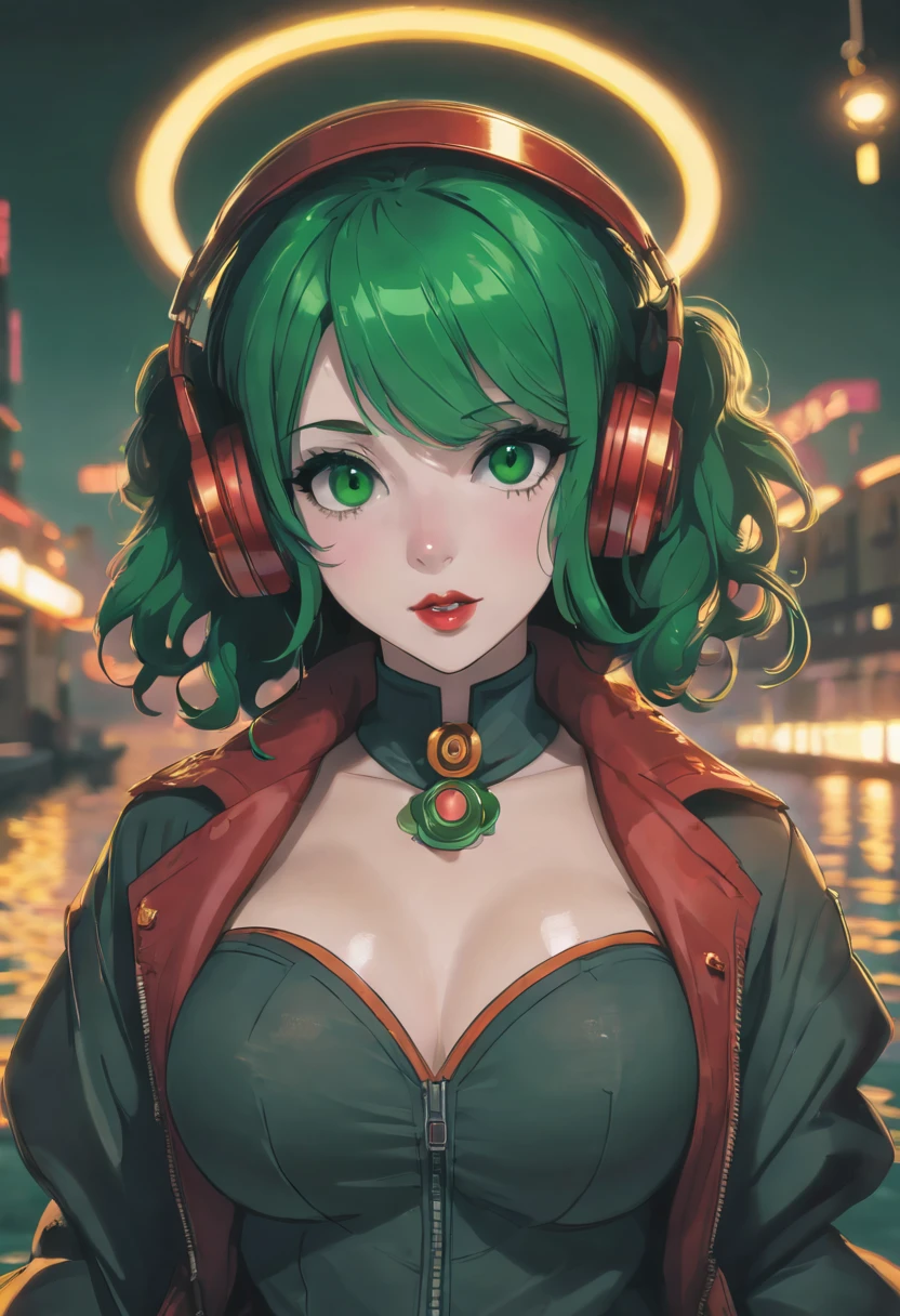 very sexy and beautiful adult woman with large green eyes. Impeccably make up with red lipstick, dark eyeshadow accentuating her bright eyes. She's dressed in an open jacket that's slightly oversized, wearing a top covering her ample bosom. Sporting large, colorful headphones, she stares directly at the camera. The background is a vibrant water like setting with various multicolored light effects. Cinematic light, she is happy and enjoyng it