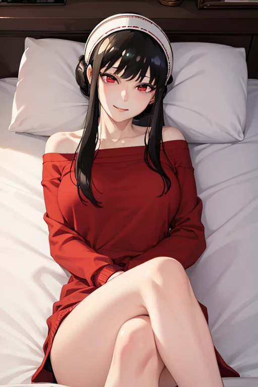High resolution、masterpiece、1 girl、Bjorf、short hair with long hair、black hair、white hair band、red eyes、gold earrings、 gem、off shoulder、red sweater、long sleeve、Slender、thin thighs、grin、sleep face up on the bed、spread your legs、raise your knees、raise your legs、Pubic hair is visible、Pay attention to the crotch、Lower body naked