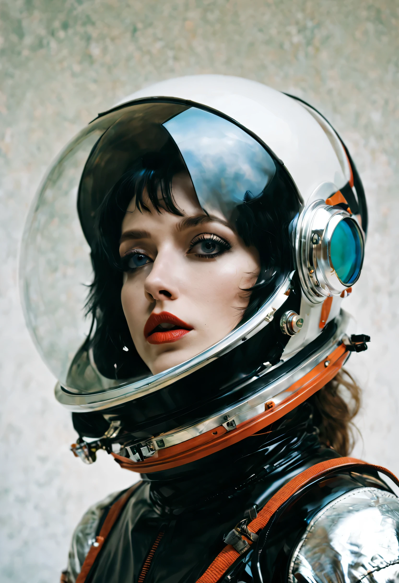 Abstract 1998, bicolor photography, 24mm, long shot, 60'S astronaut woman in black and silver spacesuit with large plexiglass helmet , 80 degree view, art by Victor Moscoso and Bridget Riley Kodak Ektar 100 8K, Make it magical by carne griffiths fluid art, conrad roset ilya kuvshinov, mark fielding, zwy studio high lights in eyes, salt. art by Sergio Lopez, Natalie Shau.