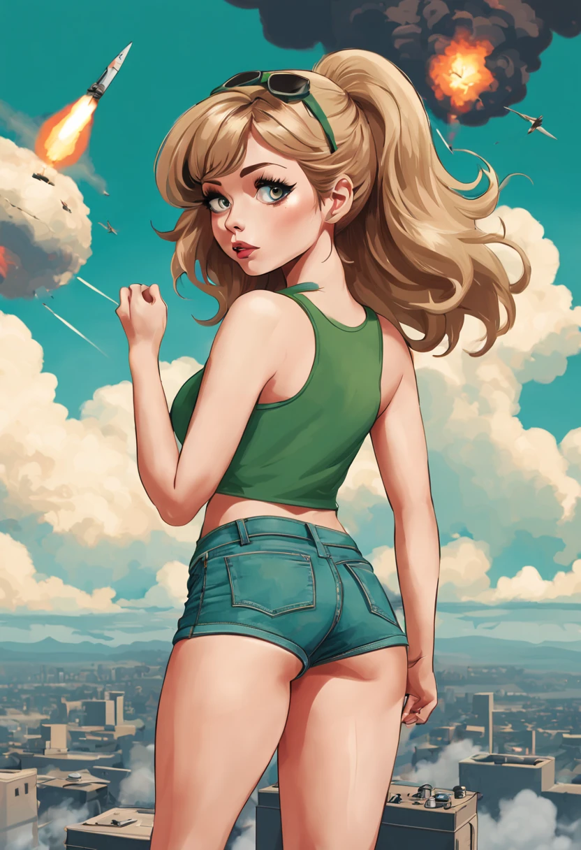 create an image from behind of Jennette McCurdy in a tiny green top and tiny jean shorts, riding a atomic bomb with the army label in the air, the city below among the clouds, high quality illustration Pin-up art