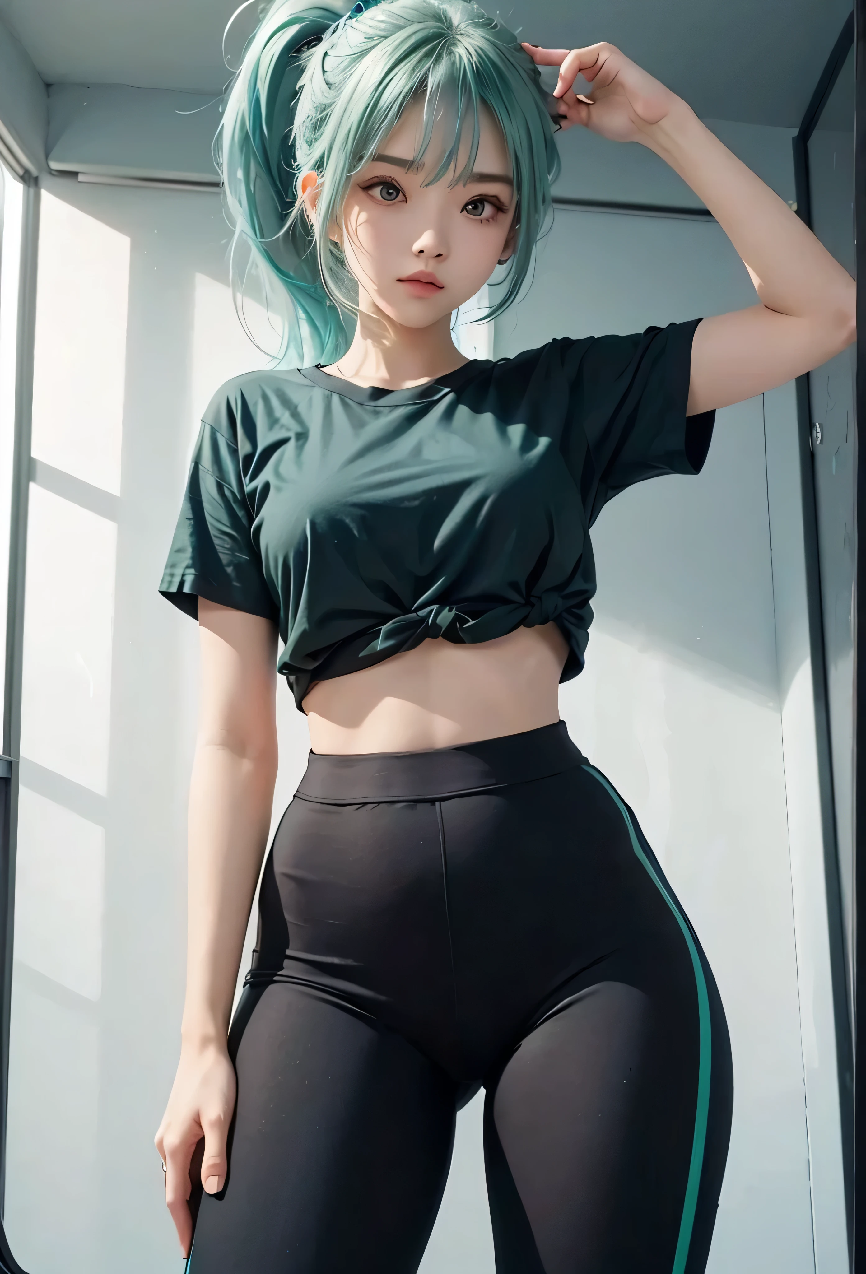 light Blue-green hair, Athletic girl, ponytail, black Lingerie, black t-shirt, Knotted hem, yoga pants