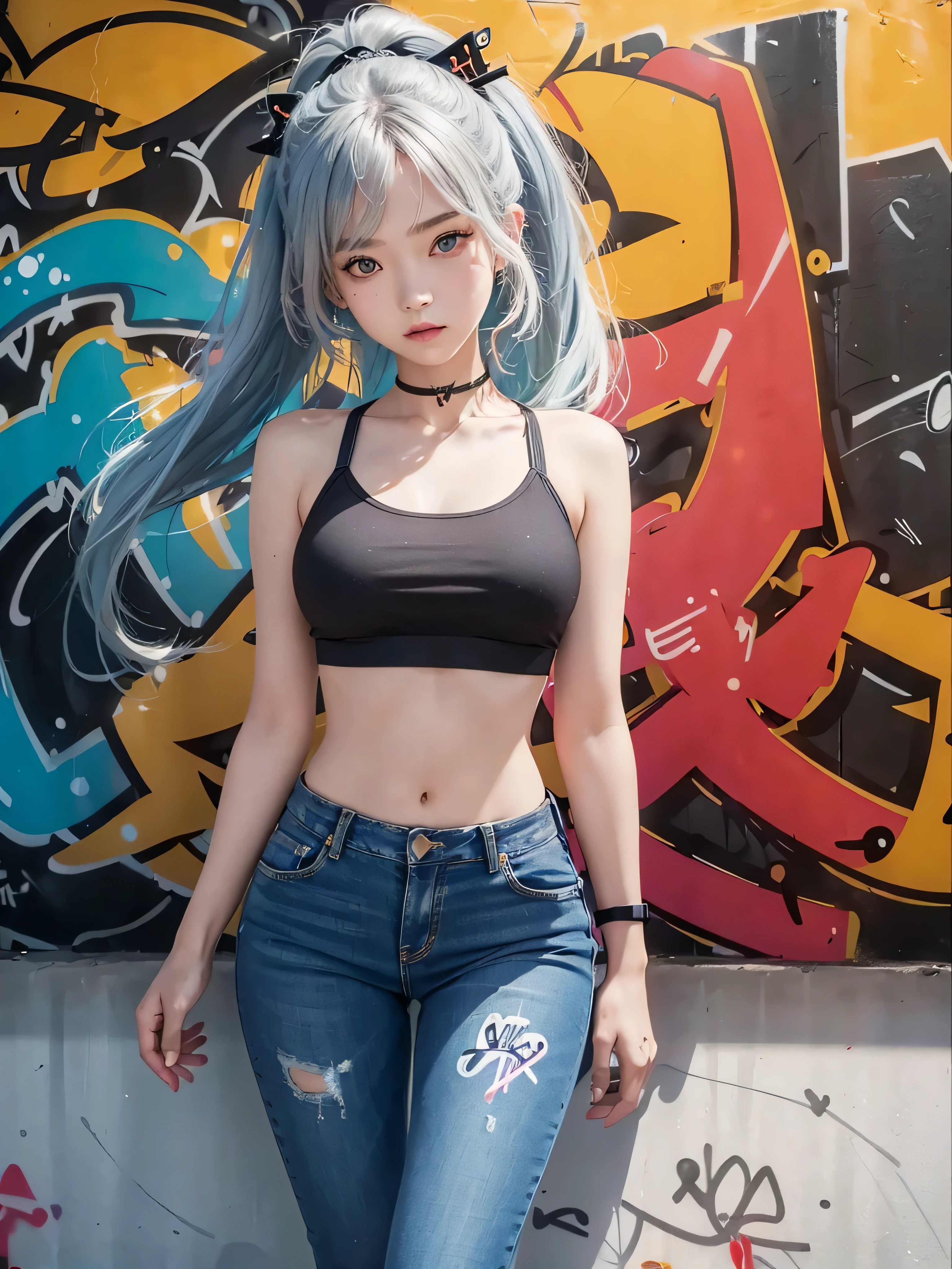 kamisato ayaka|genshin impact, master-piece, bestquality, 1girls,25 years old, proportional body, elongated legs, Beautiful, proportional., crop top, Long Jeans, mediuml breasts, ,bara, crop top, choker, (Graffiti:1.5), arm behind back, View viewers from the front., Thigh strap, Head tilt, bored,(NSTDA.:1.2), (10, beste-Qualit, master-piece: 1.4), Beautiful red hair, ultra-high resolution, (lifelike, photorealistic portrait: 1.48), 20 age, Cute Girl, (Looking Through Crop Tops.), Famous Japanese actors, beautiful clear eyes, Head tilt, cowboy shot, from the front, looking at the audience, expressionless, Beautiful lake, Zeiss 150mm F/ 2.8 Hasselblad, Whole body, foot, Ultra-Wide Angle,