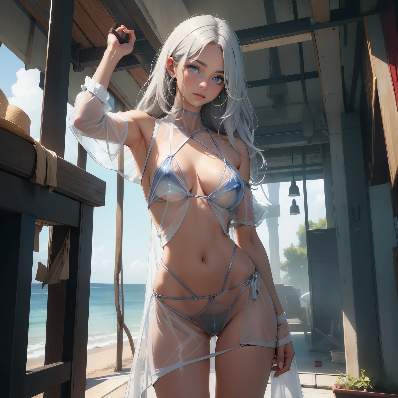 (quality)), ((masterpiece)), Recommended resultsluffly、(see through:1.5)、whole body 、Swollen nipples,straighten your back、Elongated abdomen、huge bust、angle to floor:1.2、low camera angle、There is leakage from the crotch、Whole body facing the camera,Hair can be seen on the crotch,Gray hair and blue eyes,White skin