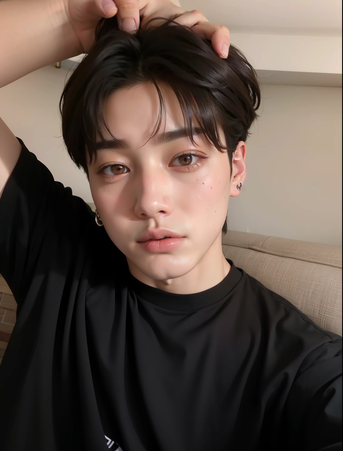 There is a man who is sitting on a sofa with black hair, Jungkook, adorable and pale korean face, cai xukun, hyung tae, Yoongi de cabelo preto, taejune kim, com cabelo curto, Shin Jeongho, homem sul-coreano, young lovely korean face, Hong junho hyung, Yanjun Chengt, taken in early 2020 jungkook from the group BTS, androgynous pretty face, modelo Jeon jungkook, BTS, rosto bonito masculino, homem jovem