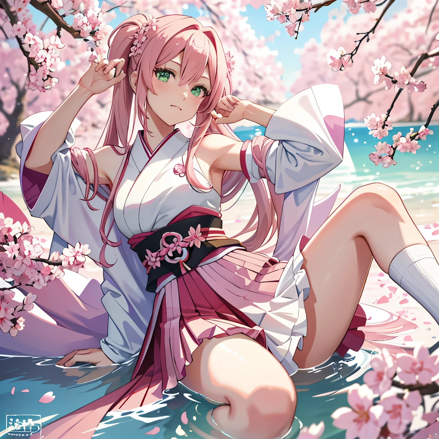 Masterpiece, anime girl with pink hair and green eyes, named Haruno Sakura, posing seductively for a captivating 4k Konachan wallpaper. The alluring anime figured adorned in an exquisite, traditional Japanese outfit, highlighted by black knee socks, revealed her delicate, neat face, framed with enchanting pink locks. Her expressive, captivating green eyes were the focal point, accentuated by seductive pink blushes. Cherry blossom petals delicately surrounded her, symbolizing the ephemeral beauty of Sakura season, adding an enchanting touch to the splash art anime scene.
Crafted in