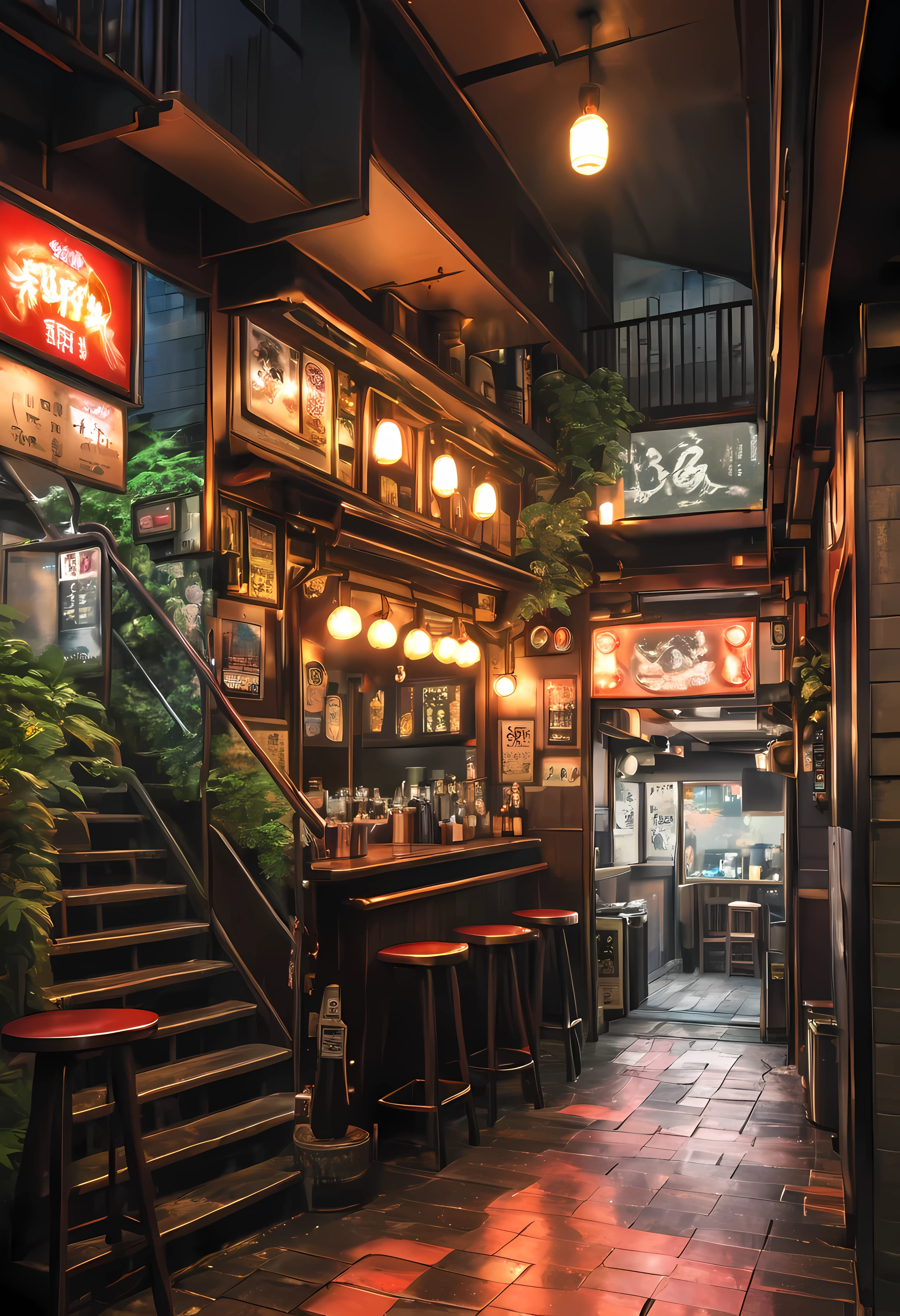 ((best quality,ultra-detailed,realistic):1.37). | anime style,((tokyo underground pub):1.3),((entrance under a stairs):1.25),neon lights,cosplay,graffiti art,no human ,smoky atmosphere,ramen stall,empty tables,hip hop music,techno beats,red brick walls,overgrown vines,sloping ceiling,dark wooden floor,low-lit lamps,distinctive street fashion,flickering lanterns,sake bottles,ramen bowls,wooden barrels,hidden corner seats,vibrant murals,arcade machines,anime posters,glowing neon signs,street vendor food stall,urban underground culture,secretive meeting spot,steaming bowls of miso ramen. | ((Unparalleled sharpness and clarity):1.1), ((Radiosity rendered in stunning 32K resolution):1.3), All captured with sharp focus. | (((More_detail))).