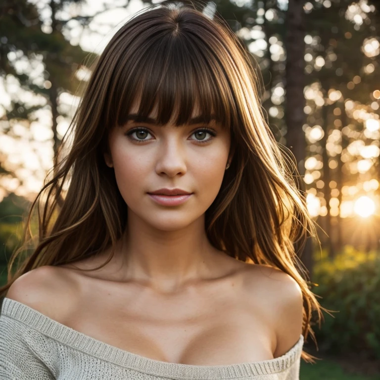 photography of a stunning girl, completely nude, wavy hair with bangs, in nature, looks into the camera, symmetrical eyes, symmetrical face, photorealistic, photography, path tracing, specular lighting, volumetric face light, path traced hair, visible shadows, intricate, elaborate, hyper realistic