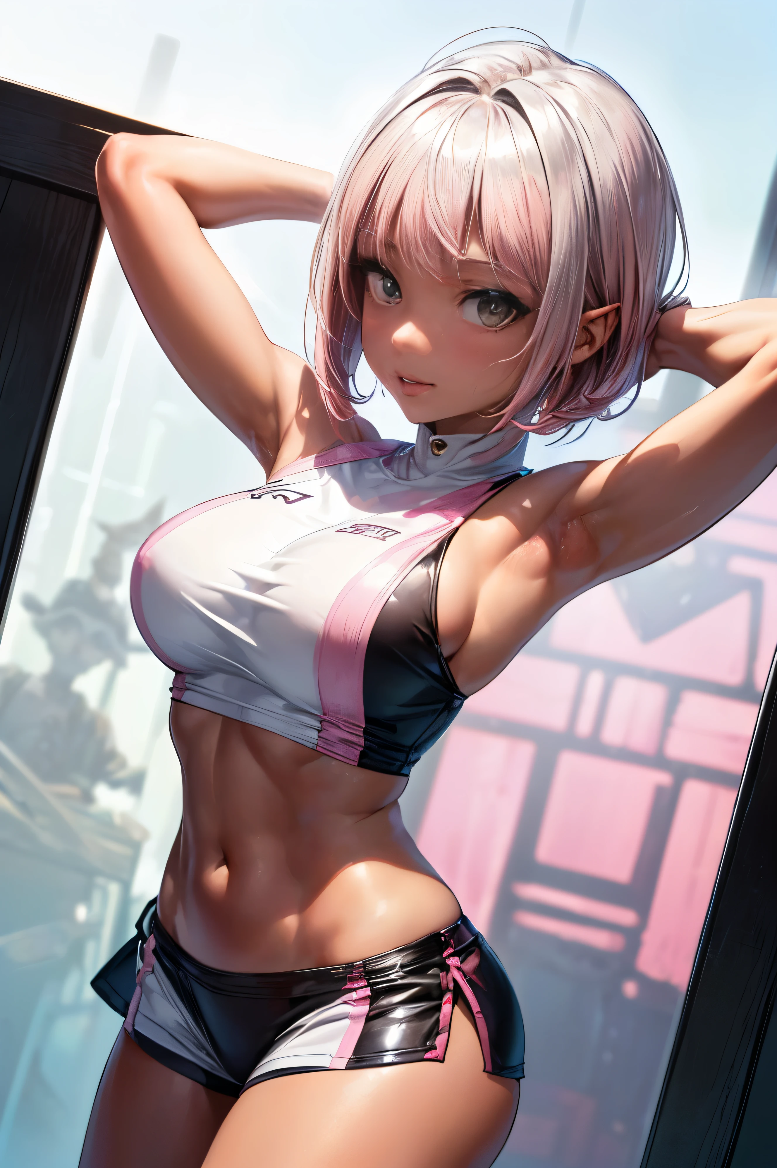 ((anatomically correct hand:1.5)), anime, sexy, ((京都animeーション風に:1.5)), ultra precision, masterpiece, really beautiful, プリンセスのface, ((1 female)), ((alone:1.5)), ((pink hair:1.5)), ((bob cut 1.5)), break, ((black eye)), shortcut, ((straight hair)), break, all limbs,((Refers to the whole:1.5)), break, break, ((silver sportswear:1.5)), break, ((skin dents)), professional lighting, (), tight waist, shiny skin (brown skin:1.5), ((oily skin)), glowing skin, looking at the viewer, ((cowboy shot:1.5)), ((dynamic pose:1.5)), look at the camera, わずかな笑face, mouth is slightly open, ((cute:1.5)), extra fine eyes, Extra-fine face, ((thin lips:1.5)), ((droopy eyes)), わずかな笑face, ((portrait:1.5)), face, look at the camera, big breasts, field, (from below), ((arms behind your back:1.5)), skirt,