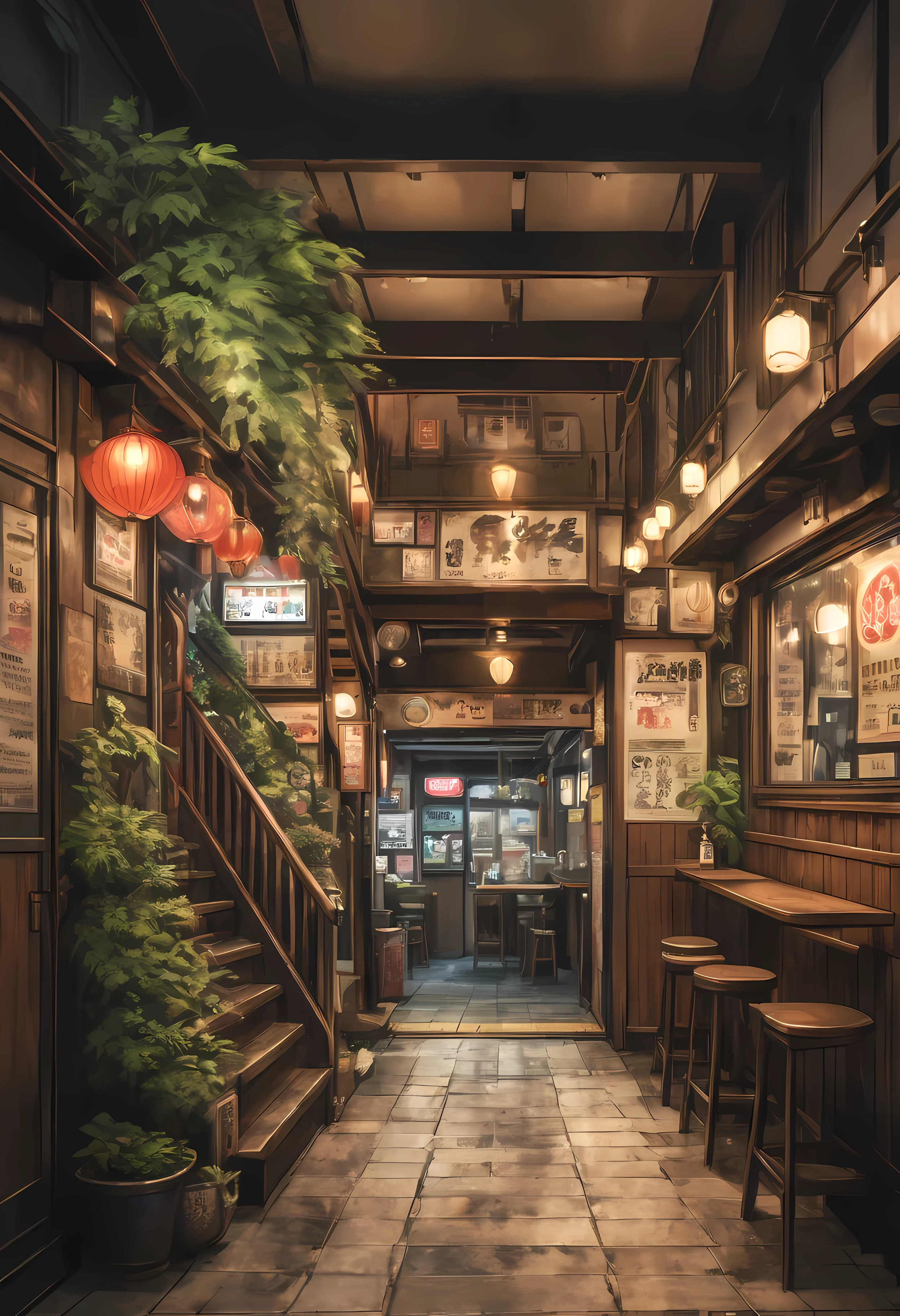 ((best quality,ultra-detailed,realistic):1.37). | anime style,((tokyo underground pub):1.3),((entrance under a stairs):1.25),neon lights,cosplay,graffiti art,no human ,smoky atmosphere,ramen stall,empty tables,hip hop music,techno beats,red brick walls,overgrown vines,sloping ceiling,dark wooden floor,low-lit lamps,distinctive street fashion,flickering lanterns,sake bottles,ramen bowls,wooden barrels,hidden corner seats,vibrant murals,arcade machines,anime posters,glowing neon signs,street vendor food stall,urban underground culture,secretive meeting spot,steaming bowls of miso ramen. | ((Unparalleled sharpness and clarity):1.1), ((Radiosity rendered in stunning 32K resolution):1.3), All captured with sharp focus. | (((More_detail))).