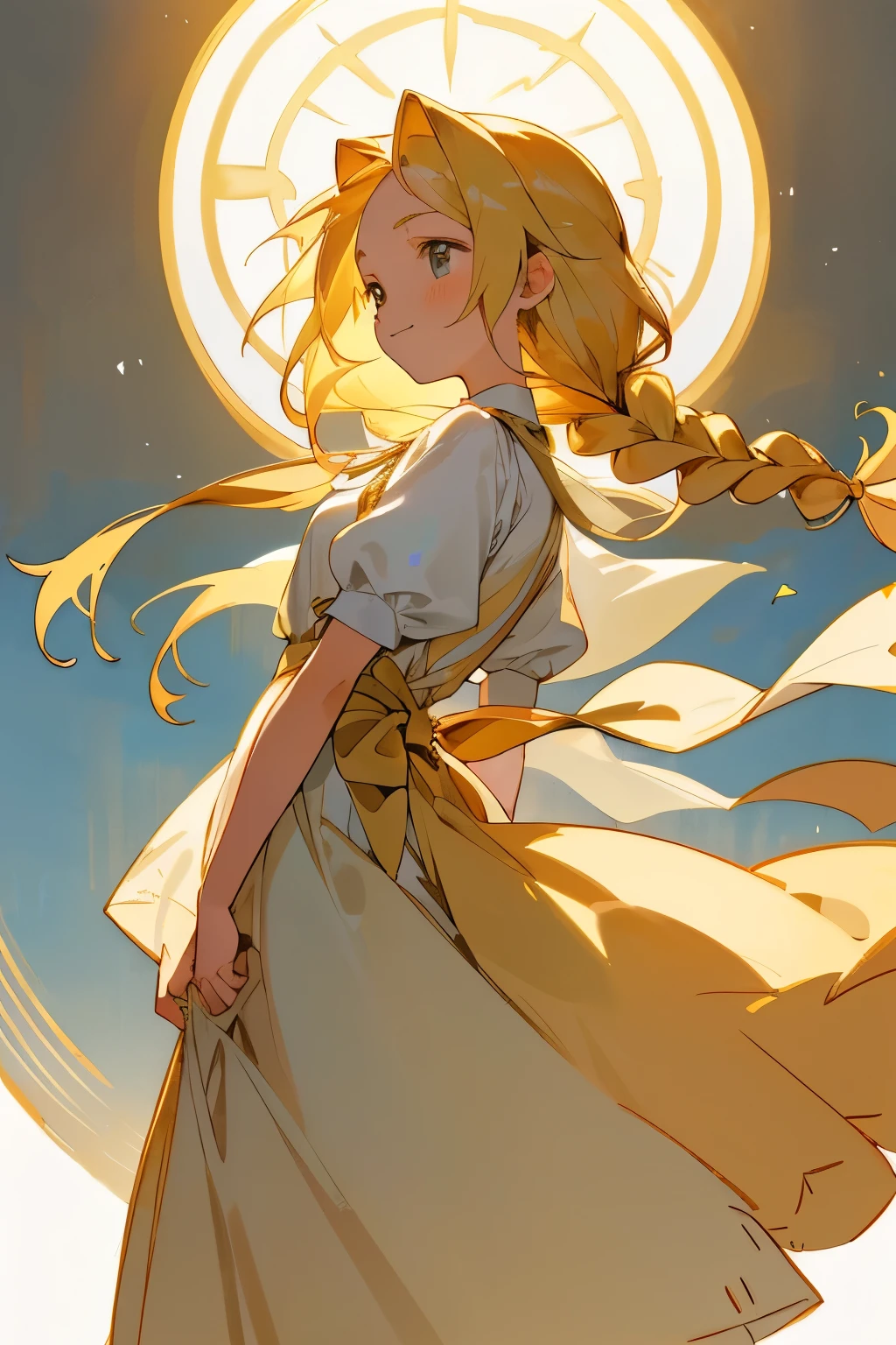 In a whimsical scene reminiscent of classic Studio Ghibli animation, a young girl with golden hair shines brightly against the simplicity of her surroundings. Her hair, tied back into a neat braid, cascades down her back, adding a touch of elegance to her humble attire. The dress she wears is plain yet endearing, its soft fabric laying gently against her figure. A character sheet captures this moment in time, with a white, clean background setting the stage for her gentle demeanor.

Retro Ghibli style, a young girl with golden hair,
Braid tucked neatly behind, her grace on full display,
Humble dress worn with a smile,
