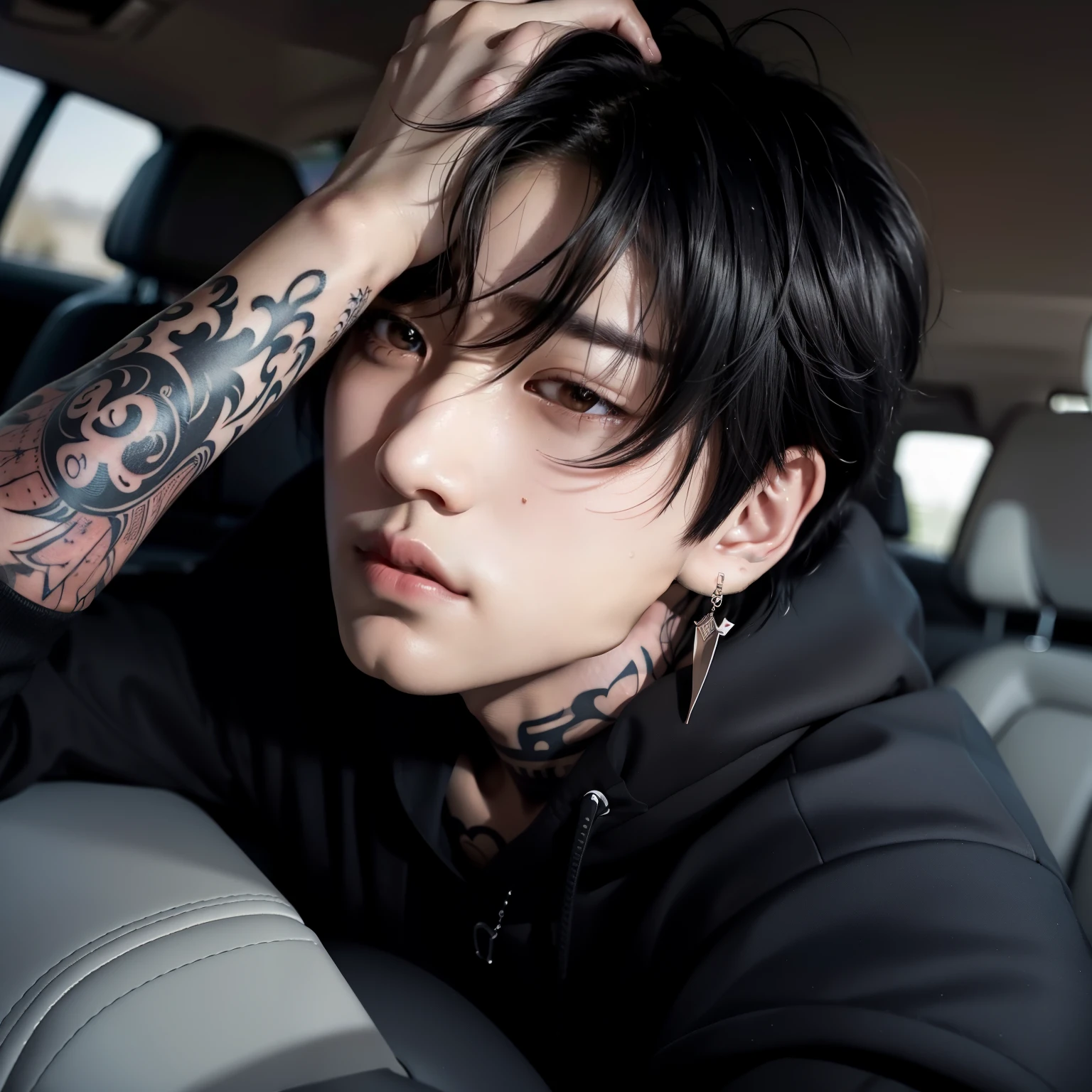 Man with a tattoo on his arm sitting in a car, Jungkook, pintar ulzzang, cai xukun, Kim Doyoung, hyung tae, taejune kim, Hong junho hyung, Jinyoung Shin, cute japanese demon boy, menino tem cabelo preto curto, artista coreano, hyung tae kim, inspirado em Bian Shoumin, handsome androgynous prince