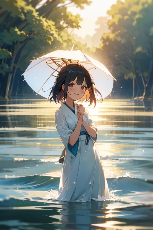 A Japanese woman,shy smile, she is facing the camera,stands by the water's edge, her white summer dress glistening and translucent from the water. The sun's rays create a beautiful backlight, highlighting her joyful expression.wet dress.soft wind.