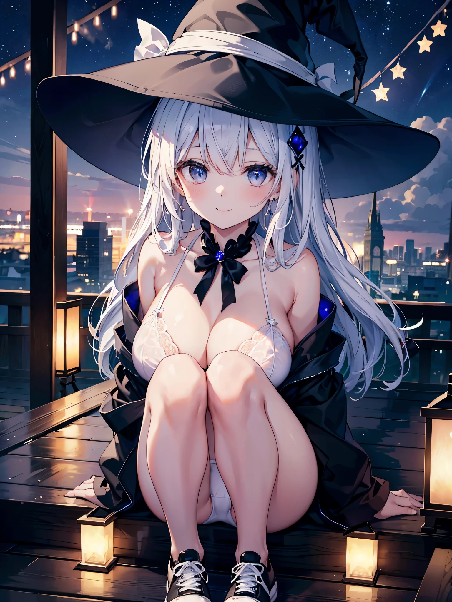 A smiling girl in an illuminated open-air bath on the roof at night、Woman wearing a large black witch hat with sapphire accessories、She is wearing a white bra with a ribbon、White string panties、white underwear、White sexy lingerie、Black sneakers with white shoelaces、