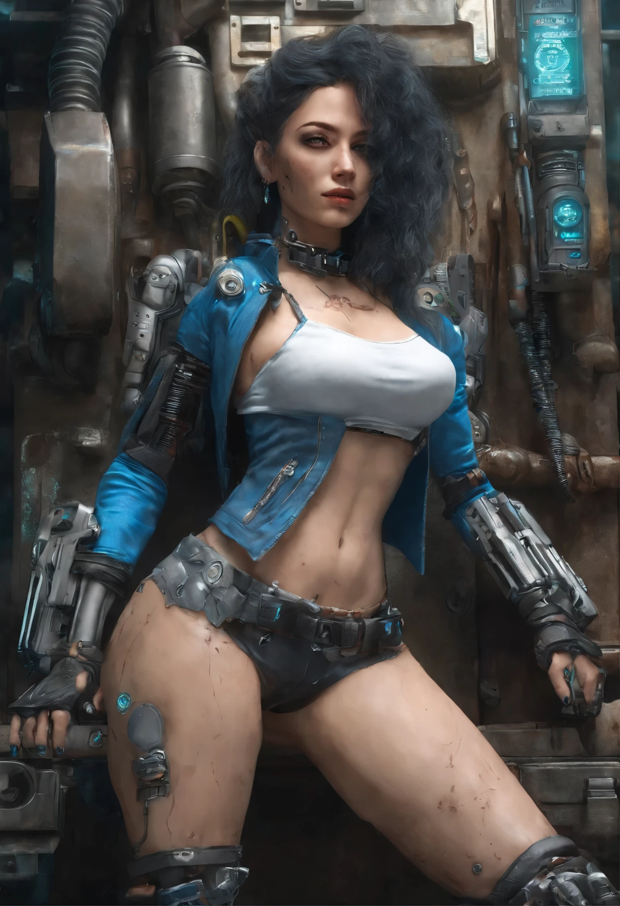 uma belissima mulher ciborgue cyberpunk, olhos azuis, calelo curto, corpo humano, mechanic legs, mechanical arms, em uma cidade furista, 8k ultra detalhado e realista