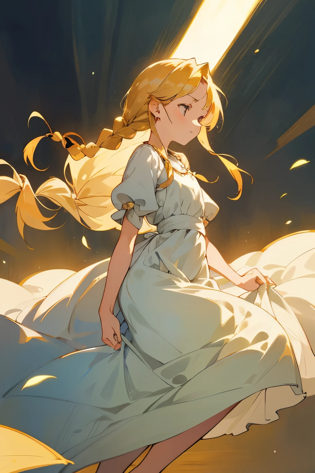 In a whimsical scene reminiscent of classic Studio Ghibli animation, a young girl with golden hair shines brightly against the simplicity of her surroundings. Her hair, tied back into a neat braid, cascades down her back, adding a touch of elegance to her humble attire. The dress she wears is plain yet endearing, its soft fabric laying gently against her figure. A character sheet captures this moment in time, with a white, clean background setting the stage for her gentle demeanor.
Retro Ghibli style, a young girl with golden hair,
Braid tucked neatly behind, her grace on full display,
Humble dress worn with a smile,