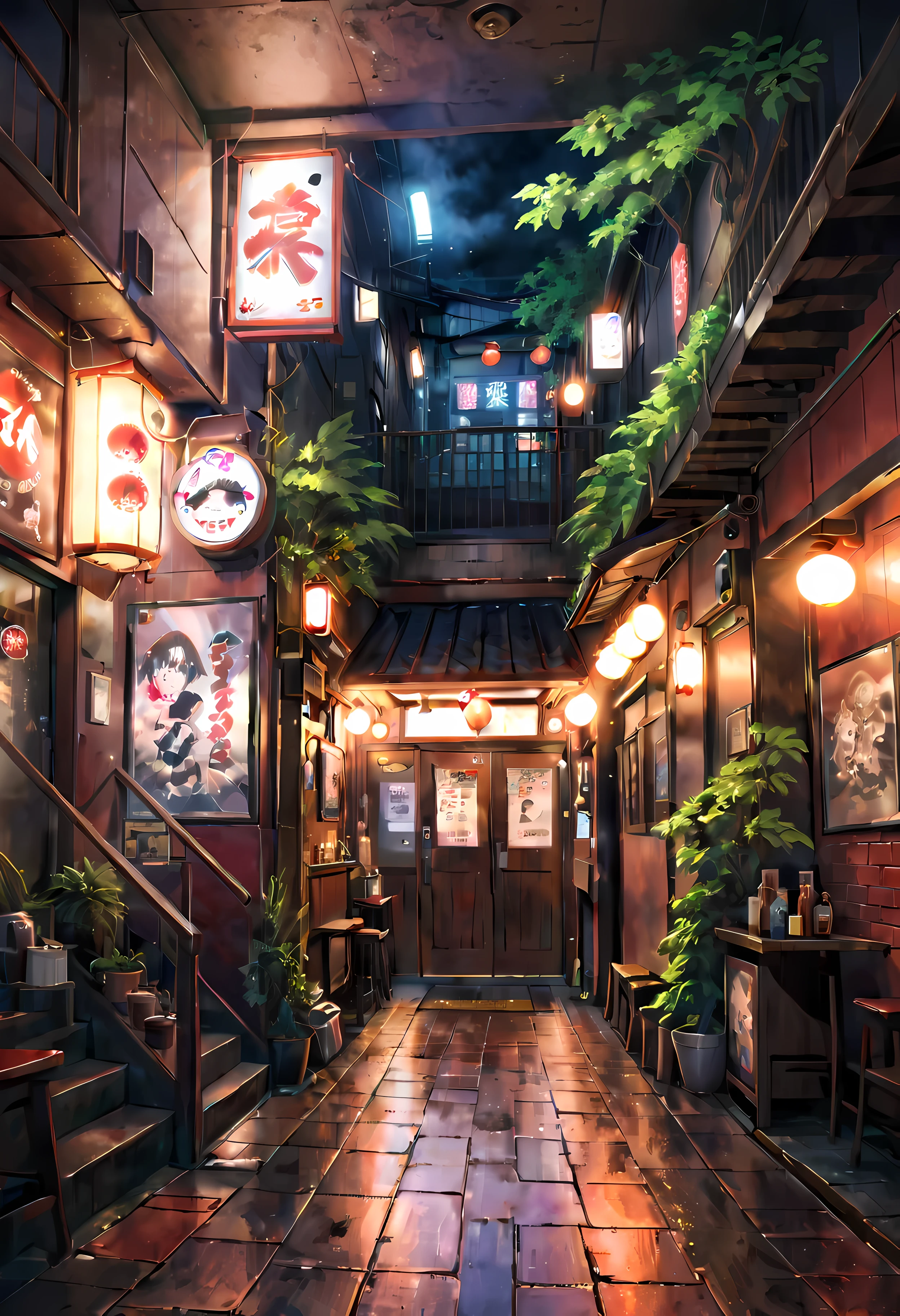 ((best quality,ultra-detailed,realistic):1.37). | anime style,((tokyo underground pub):1.3),((entrance under a stairs):1.25),neon lights,cosplay,graffiti art,no human ,smoky atmosphere,ramen stall,empty tables,hip hop music,techno beats,red brick walls,overgrown vines,sloping ceiling,dark wooden floor,low-lit lamps,distinctive street fashion,flickering lanterns,sake bottles,ramen bowls,wooden barrels,hidden corner seats,vibrant murals,arcade machines,anime posters,glowing neon signs,street vendor food stall,urban underground culture,secretive meeting spot,steaming bowls of miso ramen. | ((Unparalleled sharpness and clarity):1.1), ((Radiosity rendered in stunning 32K resolution):1.3), All captured with sharp focus. | (((More_detail))).