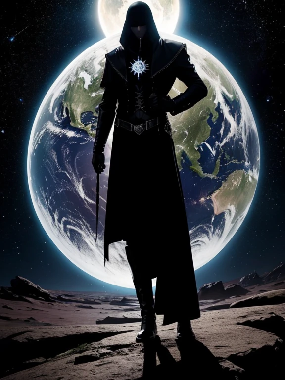 Universo muito escuro, pouca luz, planetas espalhados. O planeta terra com forte sombra. Uma luz surgindo ao fundo. Gothic style