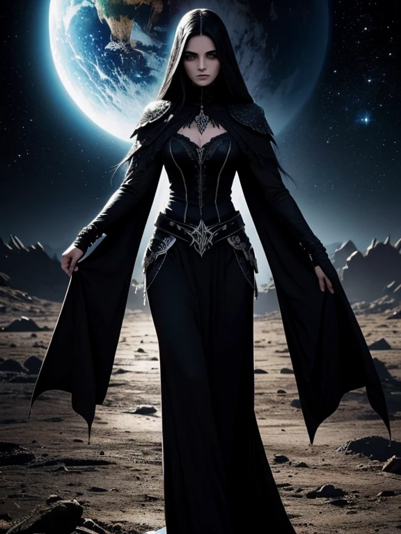 Universo muito escuro, pouca luz, planetas espalhados. O planeta terra com forte sombra. Uma luz surgindo ao fundo. Gothic style