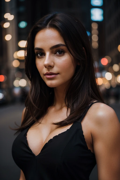 photography of a stunning girl, in the city, wearing a black top, enjoying, girl, summer, hot girl, (((medium bust))), brunette hair, long_hair, looks into the camera, symmetrical face, photorealistic, photography, spectacular lighting,, gorgeous, cleavage, western, (masterpice), best quality, high resolution, extremely detailed, skin with pores, blurred background, depth of field, cinematic lighting