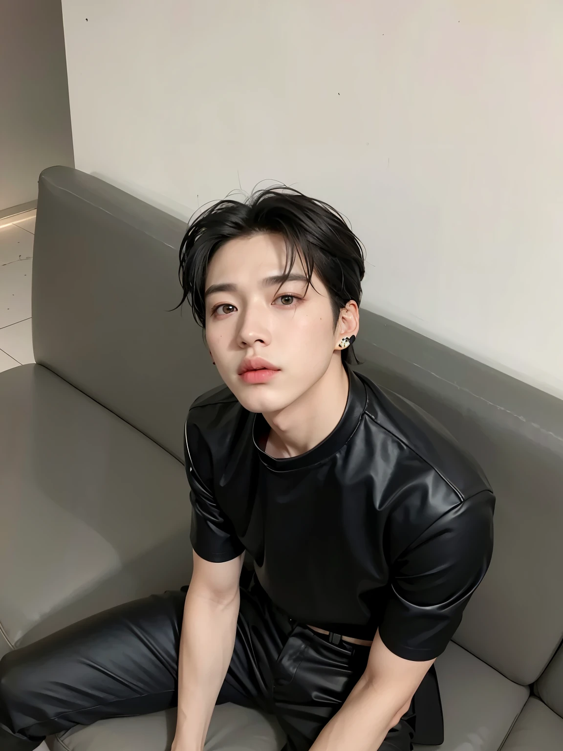 there is a man sitting on a sofa wearing a black shirt, Jung Jaehyun, cai xukun, inspirado em Yanjun Cheng, adorable and pale korean face, Yanjun Chengt, inspirado em jeonseok lee, artista coreano, Hong junho hyung, pintar ulzzang, Jinyoung Shin, Retrato de Jossi do Blackpink, androgynous person, inspirado em Zhang Han
