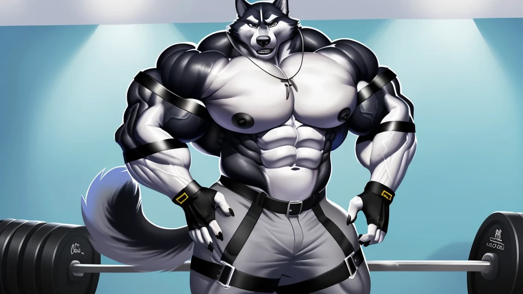 (upload on e621), (((wear wolf teeth necklace true three teeth))), (((black arm band with buckles on biceps))), (((black arm band with buckles on forearms))), (((hips straps))), (Masterpiece), (best quality), (ultra high res), 4K, (8k HD), 2D, (perfect anatomy), (digital art), (official art), (extreme detailed), (ultra detailed), (strapsanime), color, (soft shading), (sharp focus), (((inside gym fitness background))), 1man, black body fur, (((black muscular arms))), white pecs and belly, detailed fluffy fur, (ultra detailed face), detailed eyes, detailed iris eyes, detailed blue eyes, white sclera, black pupils, navel, square chin, (((abs))), (((pectoral))), (((flexes muscles pose))), (((black claw nails))), furry husky male, mature male, (((giant size))), (((macro size))), (full body), (((black giant bulky muscular body fur))), canid, (((huge black nipples))), (huge muscles), (((hyper muscles))), (((huge pecs))), (((oversize pecs))), (((giant biceps))), canine, canis, mammal, black husky, (((powerful husky))), husky male, fierce face, serious expression, husky anthro, solo, standing, (((black long hair))), (((perfect fingers))), (((five fingers))), (((white hands and fingers))), (((wearing fingerless black leather gloves))), (((black leather fingerless gloves))), (((wears black arm band with buckles on biceps))), (((wears black arm band with buckles on forearms))), (((hip straps))), (((wear necklaces three wolf's teeth))), (((black and white underside long husky tail))), (((gray long pants with straps on both legs)))