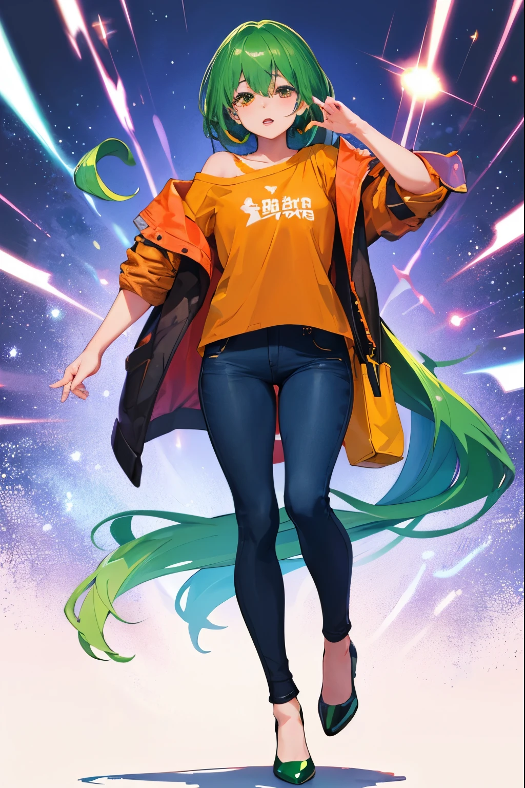 1 girl、Emerald green hair、Gradient hair、disorganized、high resolution、High resolution、Khaki jacket、Orange T-shirt、white shoulder bag、Black skinny pants、White heels、Clothing store background、Sparkling、red cheeks、I'm worried、pointed lips