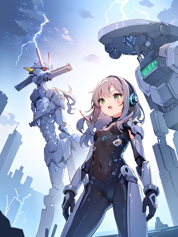 ((masterpiece:1.4、highest quality))+、(super detailed)+、
1 girl、cyberpunk city、flat chest、headphone、wavy hair、mecha clothes、(robot girl)、Cool move、Silver Bodysuit、colorful background、Wet day、(lightning effect)、Silver Dragon Armor、(cold face)、cowboy shot、pretty girl