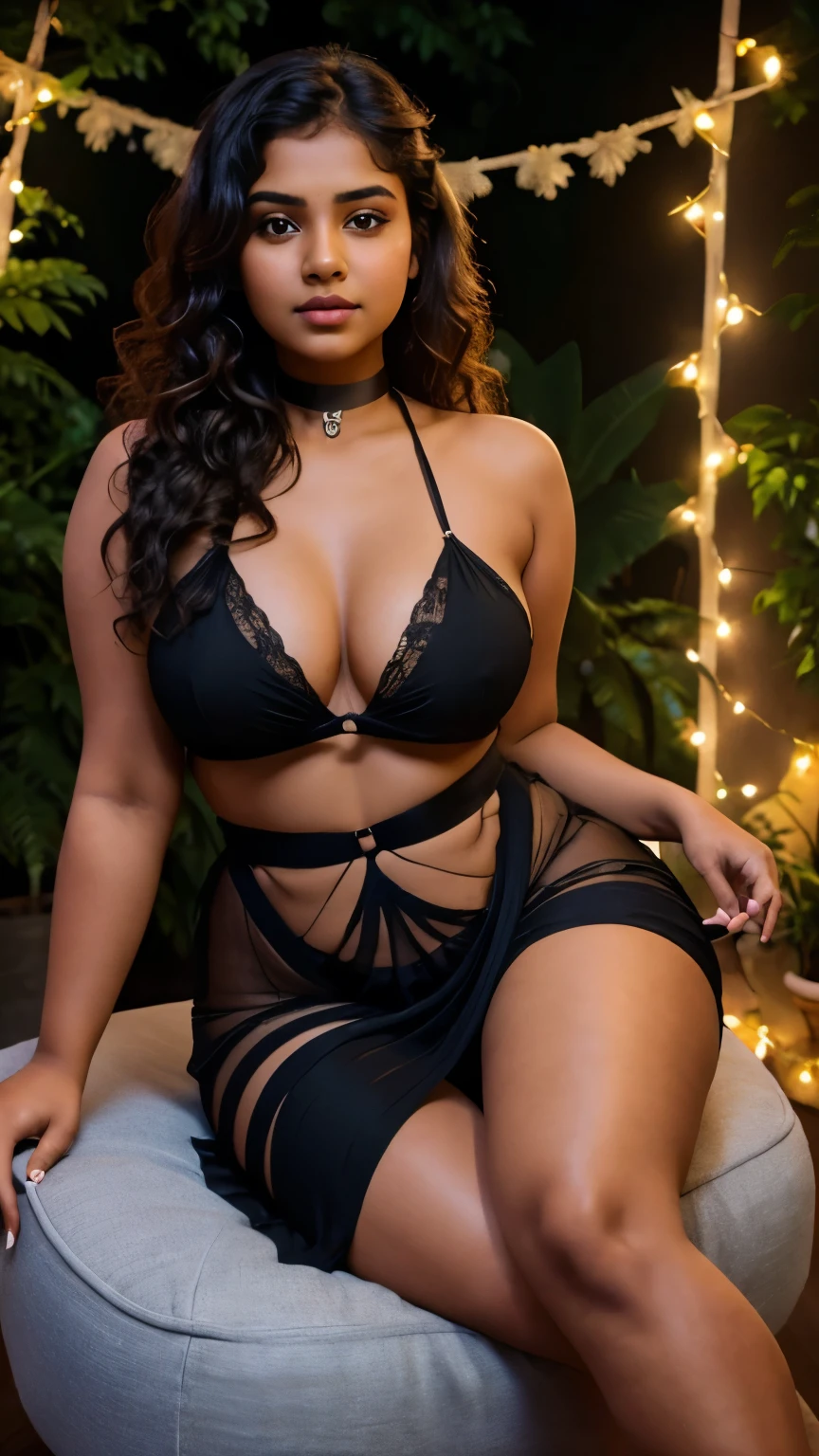 Indian 1girl, wearing bdsm revealing dress with choker, curvy Indian, best quality, best lighting, Indian chubby girl, age girl, sitting on the chair, crossed leg, puffy and curly hair, detailed hair, sexy girl, soft light, fairy lights in the background, UHD