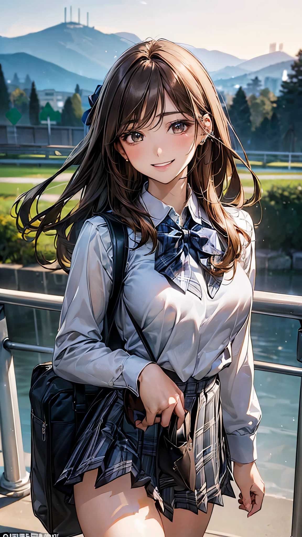 (masterpiece:1.2, top-quality), (realistic, photorealistic:1.4), beautiful illustration, (natural side lighting, movie lighting),
looking at viewer, cowboy shot, front view, 1 girl, japanese, high school girl, perfect face, cute and symmetrical face, shiny skin,
(long hair, straight hair, light brown hair), parted bangs, emerald green eyes, (missle breasts:0.6, seductive thighs, big ass), piercings,
beautiful hair, beautiful face, beautiful detailed eyes, beautiful clavicle, beautiful body, beautiful chest, beautiful thigh, beautiful legs, beautiful fingers,
((long sleeve white collared shirts, grey pleated hool bag, dark blue bow plaid tie,
(beautiful scenery), evening, school, walking, (lovely smile, upper eyes),
