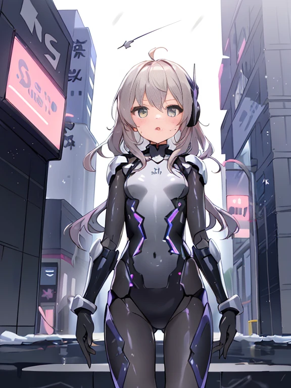 ((masterpiece:1.4、highest quality))+、(super detailed)+、
1 girl、cyberpunk city、flat chest、headphone、wavy hair、mecha clothes、(robot girl)、Cool move、Silver Bodysuit、colorful background、Wet day、(lightning effect)、Silver Dragon Armor、(cold face)、cowboy shot、pretty girl