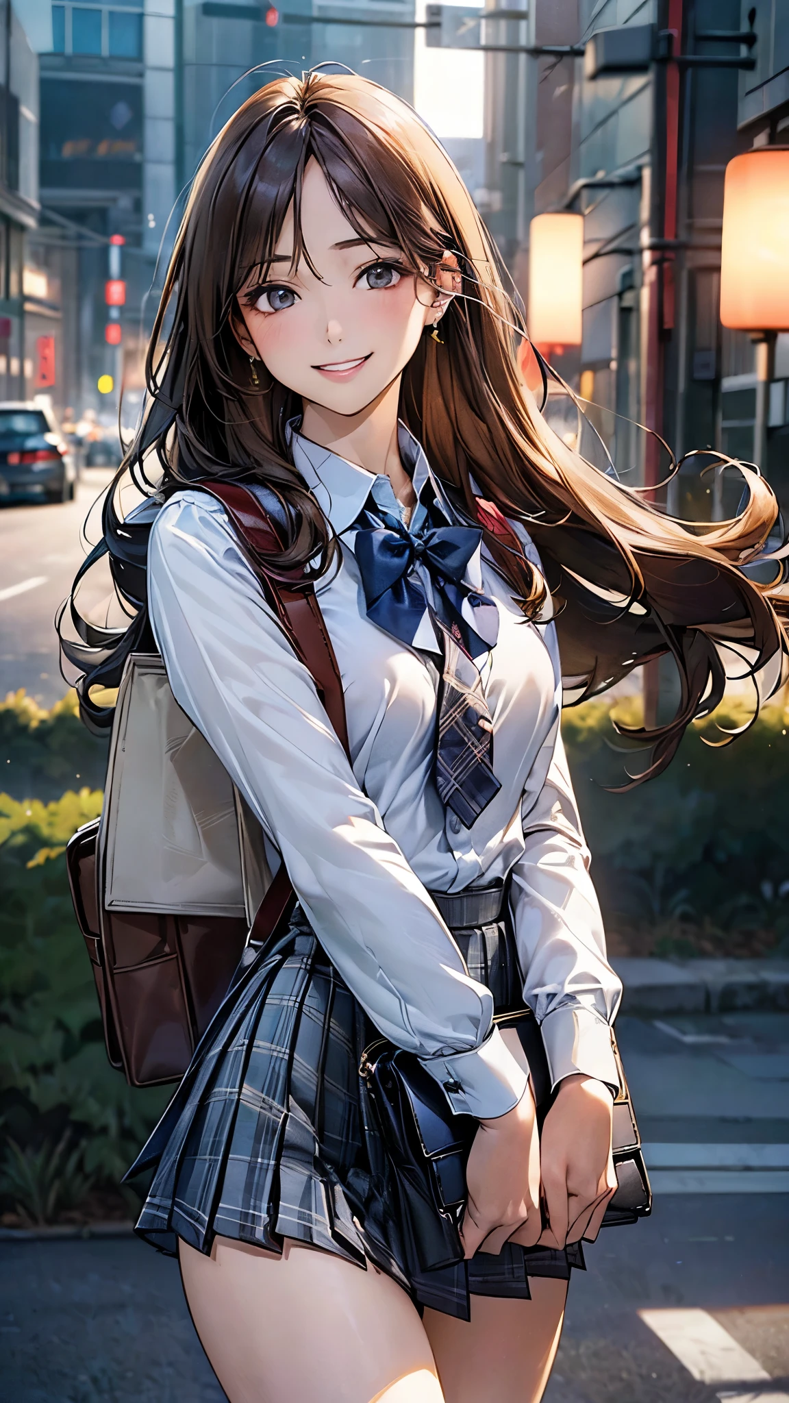 (masterpiece:1.2, top-quality), (realistic, photorealistic:1.4), beautiful illustration, (natural side lighting, movie lighting), 
looking at viewer, cowboy shot, front view, 1 girl, japanese, high school girl, perfect face, cute and symmetrical face, shiny skin, 
(long hair, straight hair, light brown hair), parted bangs, emerald green eyes, (missle breasts:0.6, seductive thighs, big ass), piercings, 
beautiful hair, beautiful face, beautiful detailed eyes, beautiful clavicle, beautiful body, beautiful chest, beautiful thigh, beautiful legs, beautiful fingers, 
((long sleeve white collared shirts, grey pleated hool bag, dark blue bow plaid tie, 
(beautiful scenery), evening, school, walking, (lovely smile, upper eyes), 