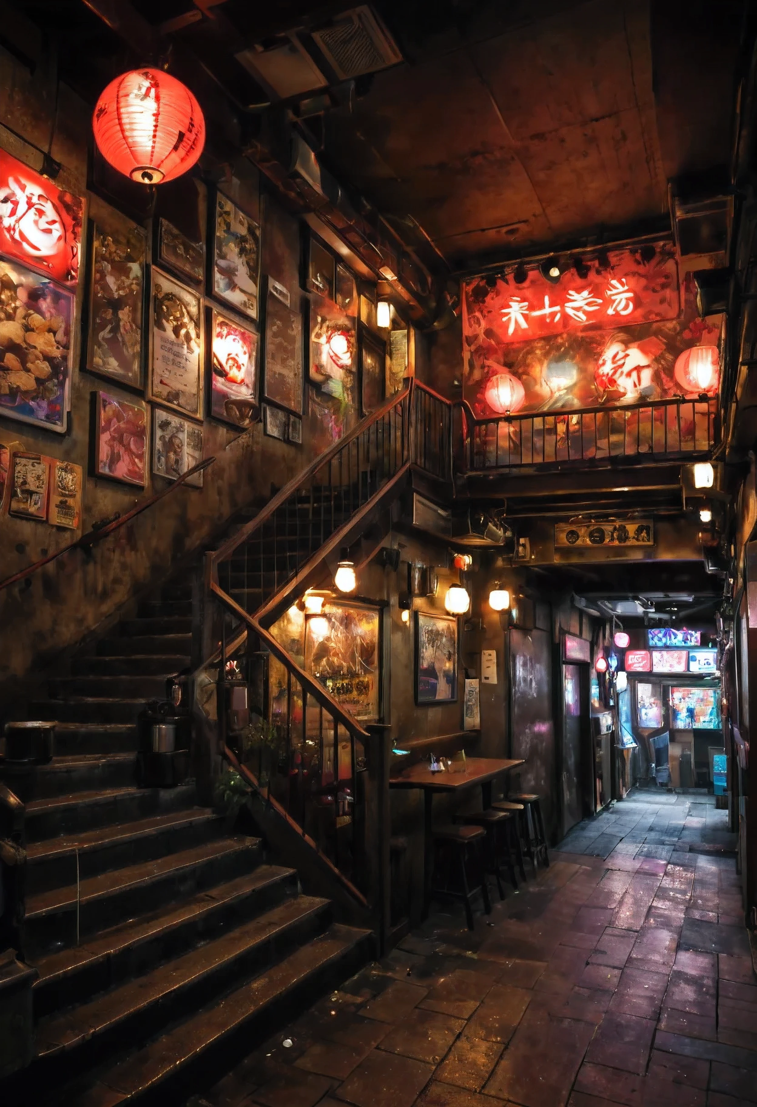 ((best quality,ultra-detailed,realistic):1.37). | anime style,((tokyo underground pub):1.3),((entrance under a stairs):1.25),neon lights,cosplay,graffiti art,no human ,smoky atmosphere,ramen stall,empty tables,hip hop music,techno beats,red brick walls,overgrown vines,sloping ceiling,dark wooden floor,low-lit lamps,distinctive street fashion,flickering lanterns,sake bottles,ramen bowls,wooden barrels,hidden corner seats,vibrant murals,arcade machines,anime posters,glowing neon signs,street vendor food stall,urban underground culture,secretive meeting spot,steaming bowls of miso ramen. | ((Unparalleled sharpness and clarity):1.1), ((Radiosity rendered in stunning 32K resolution):1.3), All captured with sharp focus. | (((More_detail))).