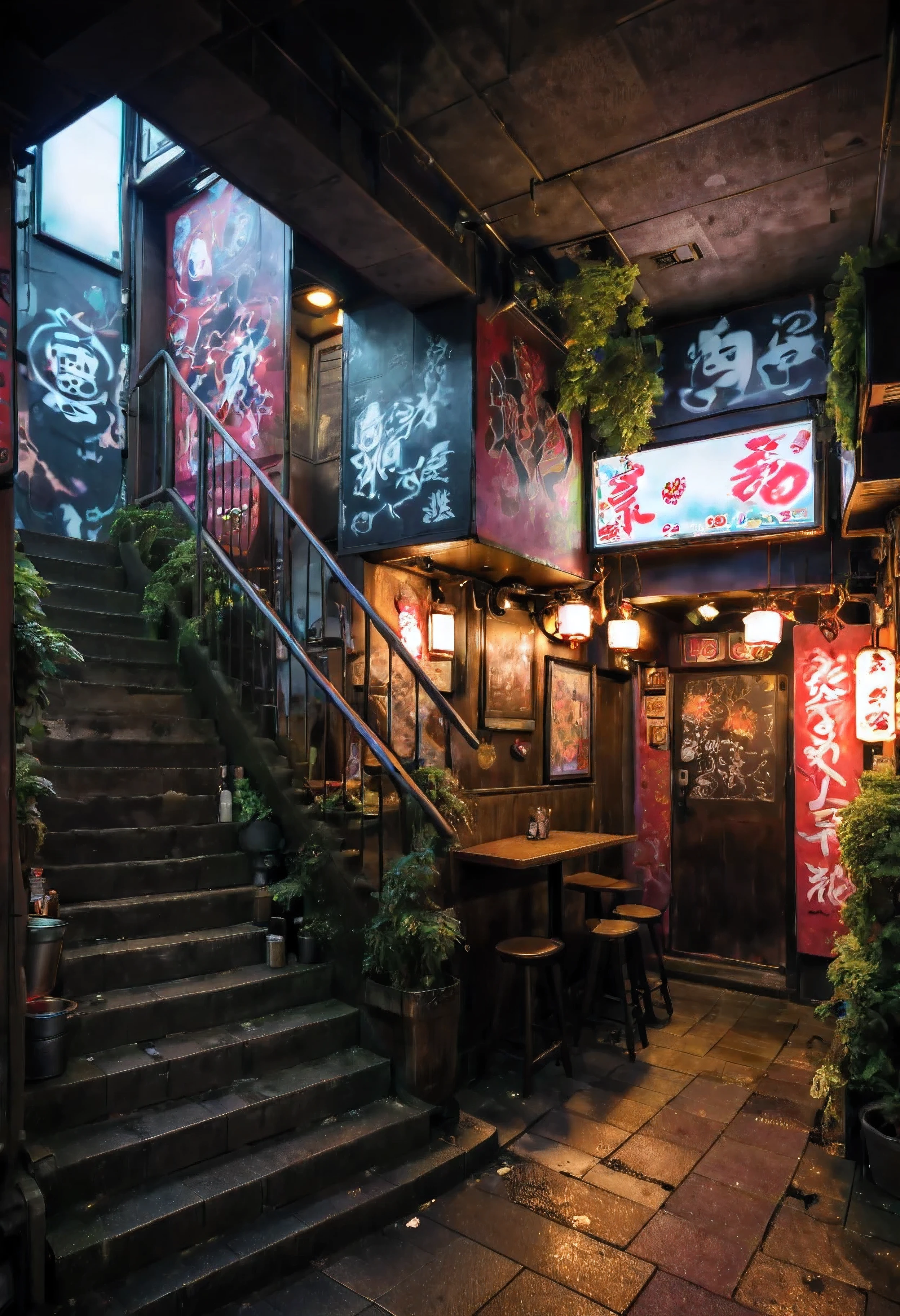 ((best quality,ultra-detailed,realistic):1.37). | anime style,((tokyo underground pub):1.3),((entrance under a stairs):1.25),neon lights,cosplay,graffiti art,no human ,smoky atmosphere,ramen stall,empty tables,hip hop music,techno beats,red brick walls,overgrown vines,sloping ceiling,dark wooden floor,low-lit lamps,distinctive street fashion,flickering lanterns,sake bottles,ramen bowls,wooden barrels,hidden corner seats,vibrant murals,arcade machines,anime posters,glowing neon signs,street vendor food stall,urban underground culture,secretive meeting spot,steaming bowls of miso ramen. | ((Unparalleled sharpness and clarity):1.1), ((Radiosity rendered in stunning 32K resolution):1.3), All captured with sharp focus. | (((More_detail))).