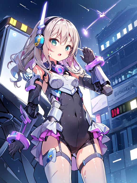 ((masterpiece:1.4、highest quality))+、(super detailed)+、
1 girl、cyberpunk city、flat chest、headphone、wavy hair、mecha clothes、(robot girl)、Cool move、Silver Bodysuit、colorful background、Wet day、(lightning effect)、Silver Dragon Armor、(cold face)、cowboy shot、pretty girl