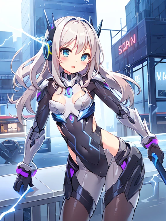 ((masterpiece:1.4、highest quality))+、(super detailed)+、
1 girl、cyberpunk city、flat chest、headphone、wavy hair、mecha clothes、(robot girl)、Cool move、Silver Bodysuit、colorful background、Wet day、(lightning effect)、Silver Dragon Armor、(cold face)、cowboy shot、pretty girl