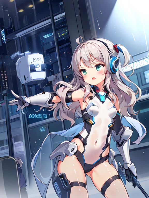 ((masterpiece:1.4、highest quality))+、(super detailed)+、
1 girl、cyberpunk city、flat chest、headphone、wavy hair、mecha clothes、(robot girl)、Cool move、Silver Bodysuit、colorful background、Wet day、(lightning effect)、Silver Dragon Armor、(cold face)、cowboy shot、pretty girl
