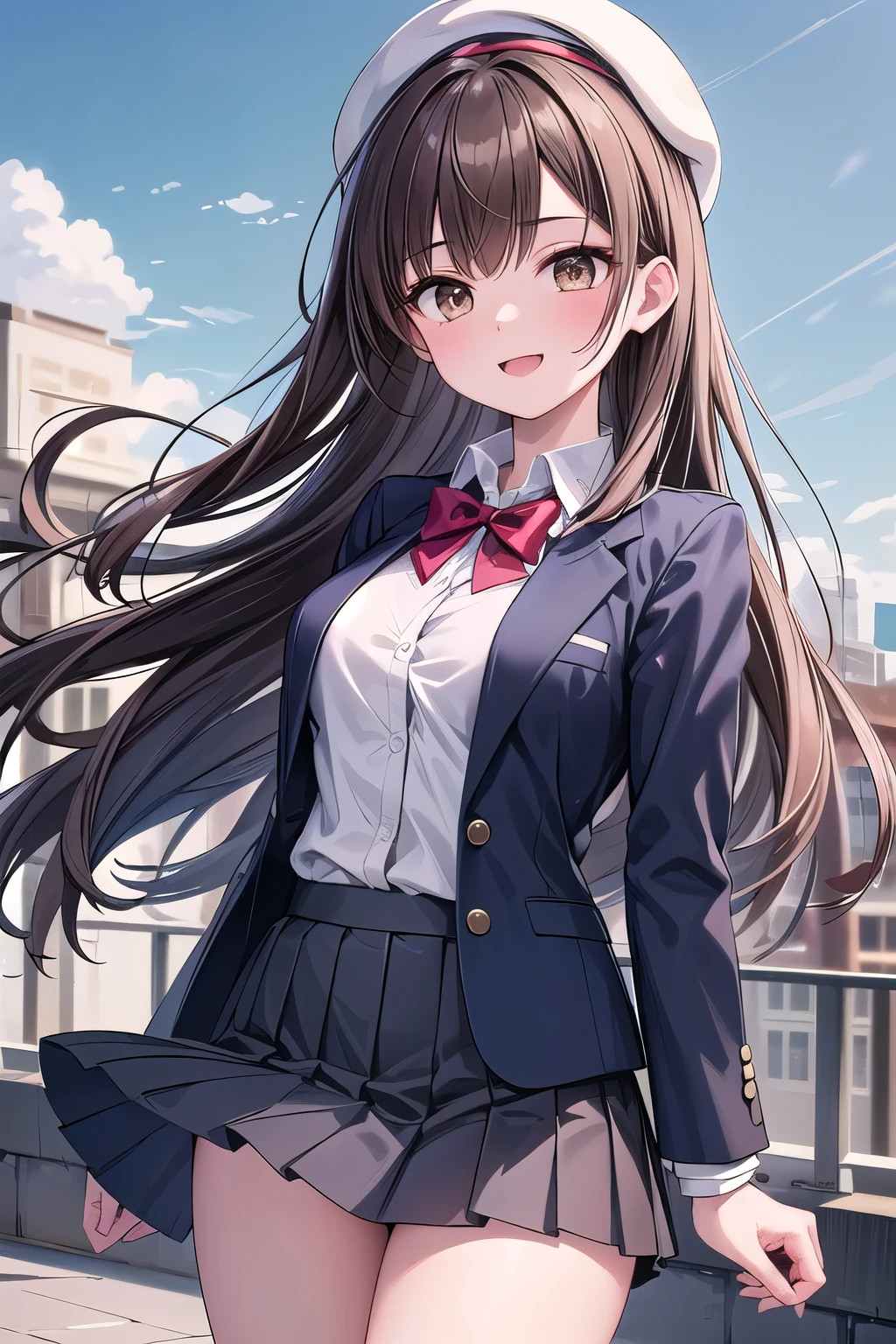solo girl,20 years old, long hair,hair flowing with the wind,looking at viewer, brown hair, brown eyes, medium breast,white beret,happy,red bowtie,pleated skirt,blazer,dark blue clothes,outdoors,school,Best Quality, High resolution, Extremely detailed, Detailed background, Perfect Lighting