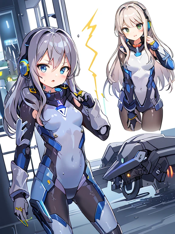 ((masterpiece:1.4、highest quality))+、(super detailed)+、
1 girl、cyberpunk city、flat chest、headphone、wavy hair、mecha clothes、(robot girl)、Cool move、Silver Bodysuit、colorful background、Wet day、(lightning effect)、Silver Dragon Armor、(cold face)、cowboy shot、pretty girl