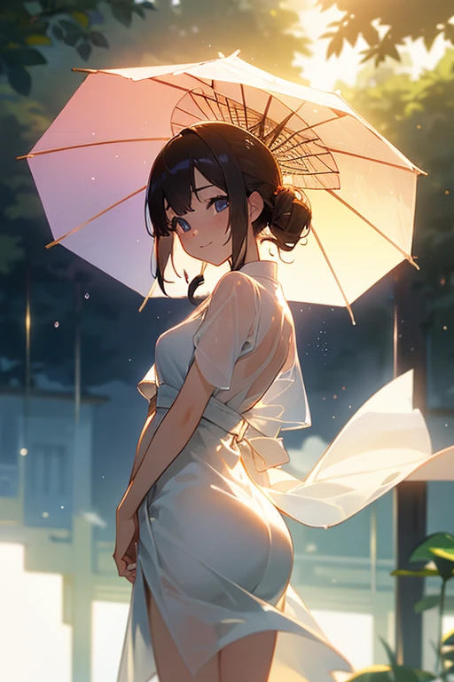 Beautiful Japan woman, shy smile, she is facing the camera. Wet white summer dress, sparkling and translucent, see through body line. The sunlight creates a beautiful backlight and accentuates the soft breeze.