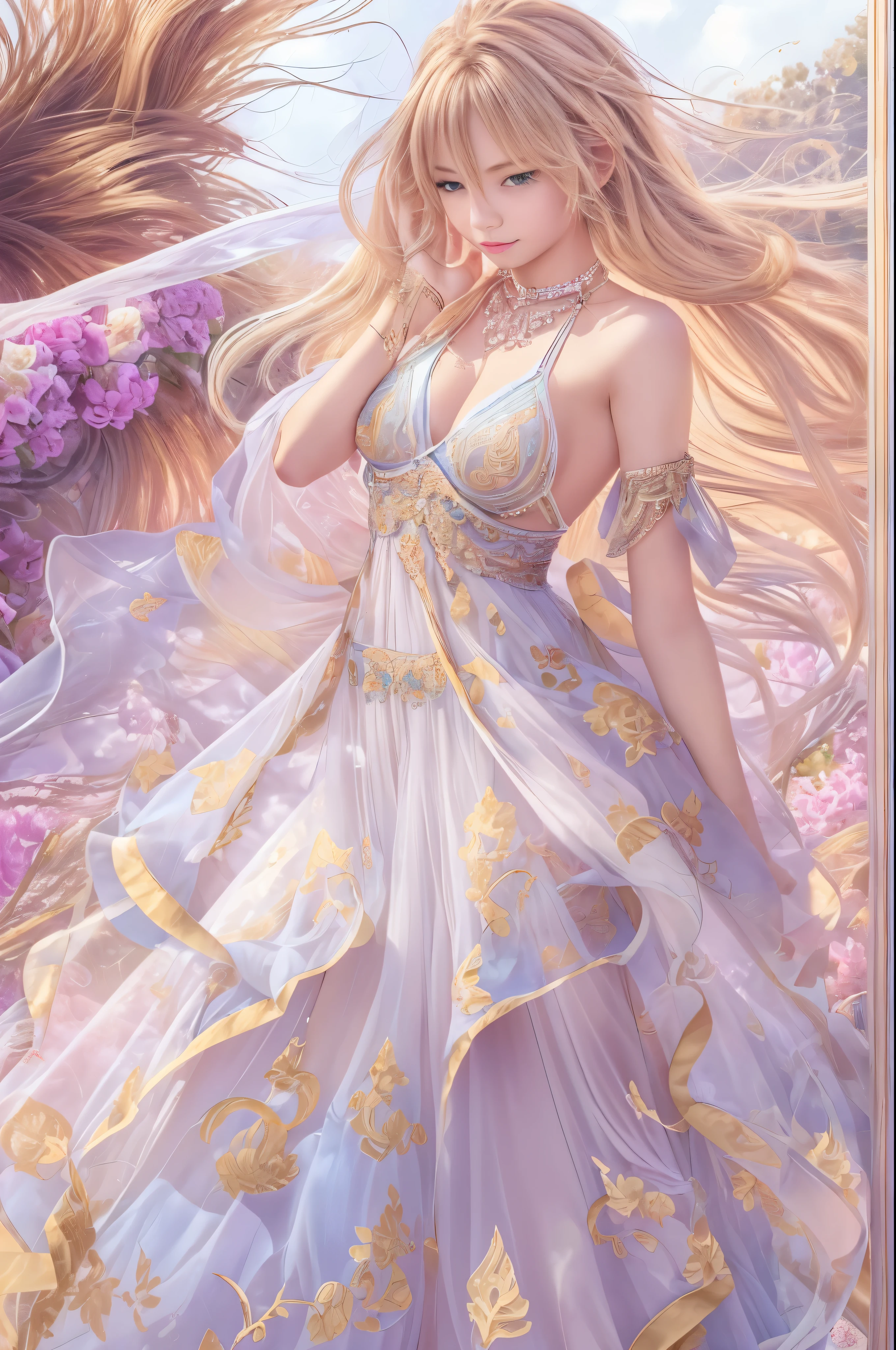 ((( European Twink Boy, 15 years))), ((Sexy Transparent Delicate Colored Beach Super Light Maxi Princess Dress With Long Hem With Abstract Pattern)), ((effeminate)), ((Huge-breasts: 8.5, Burst breasts)), at a beach, wet body and hair, bright colours, Sexual tension, oily sheen, 电影灯光, Wide angle, tmasterpiece, beste-Qualit, ultradetail, 16k, UHD, (((Shot Full Body, from head to toe))), ((hair light)), plump sexy lips, Casual Sexy Pose, Very beautiful make-up, ((deep neckline)), Gorgeous female figure, shapely body, jewelries