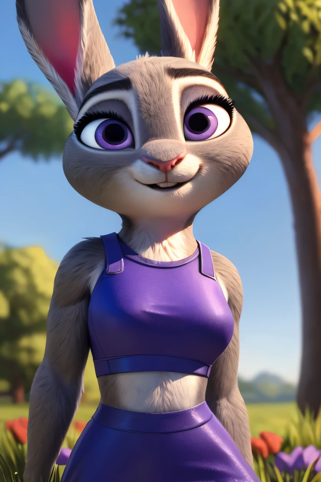 (by pixelsketcher:0.6), (by personalami :0.6), solo, female,rabbit,judy hopps, background, (cinematic lighting:1.1), (perfect focus:1.1), 8k hd, (detailed eyes:1.2),depth of field, bokeh, subsurface scattering, perfect breasts, wide ,((mini dress, crop top)),bright colors, (furry detail:1.3),detailed background, realistic, photorealistic, ultra realistic,in the park, natural landscape, trees, flowers, sky, clouds,realistic, photorealistic ,smile,(fluffy:1.3), furry, buff, (realistic fur:1.1), (extreme fur detail:1.2),((light gray fur)),(Black pupil, purple eyes,pixar style eyes),rabbit tail,3d pixar style,sexy legs