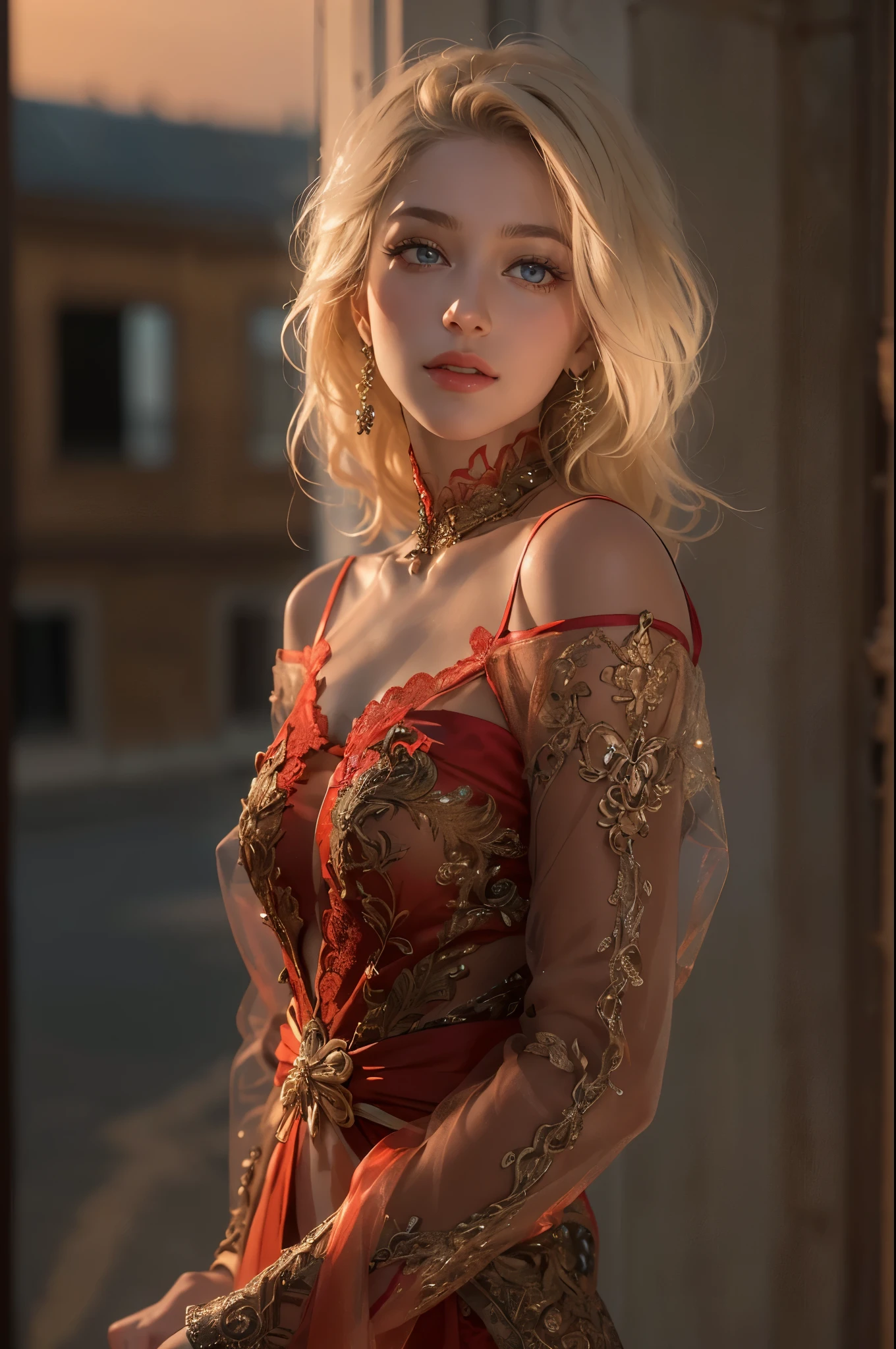 8K, Meisterwerk, RAW-Foto, best quality, fotorealistisch, extrem detailliertes CG Unity 8K Wallpaper, Depth of field, Filmisches Licht, Blendenfleck, raytracing, (extremely beautiful face, beautiful lips, gorgeous eyes), Komplizierte Details Gesicht, ((Ultra-detaillierte Haut)) 1girls, Im Dunkel, tiefer Schatten, Pretty European Girl, 1 girl, (sehr schlanker, schlanker, muscular body:1.3), ((Blick auf den Betrachter)),(Broad smile:1.3),(Mitternacht, (Dach), Stadtbild, Abblendlicht, (verschwommener Hintergrund), beautiful earrings, Armbands, Halskette, Strumpfhose, Klare Augen, gehen , Frontaufnahme, (blasse Haut), (big eyes), Blick nach vorne, (full-body shot), (blonde Haare), Offener Bauchnabel, (Blick auf den Betrachter:1.3) sehr schlank, mid large breasts, beautiful slim butt, ((nackt)), ((Schlafmantel)), durchsichtiges Kleid, (transparentes rotes Kleid), Umkehr, (Aufnahme von hinten) , (Schlafmantel), ((Kamel-Zeh)), ((laced)), (high heels)