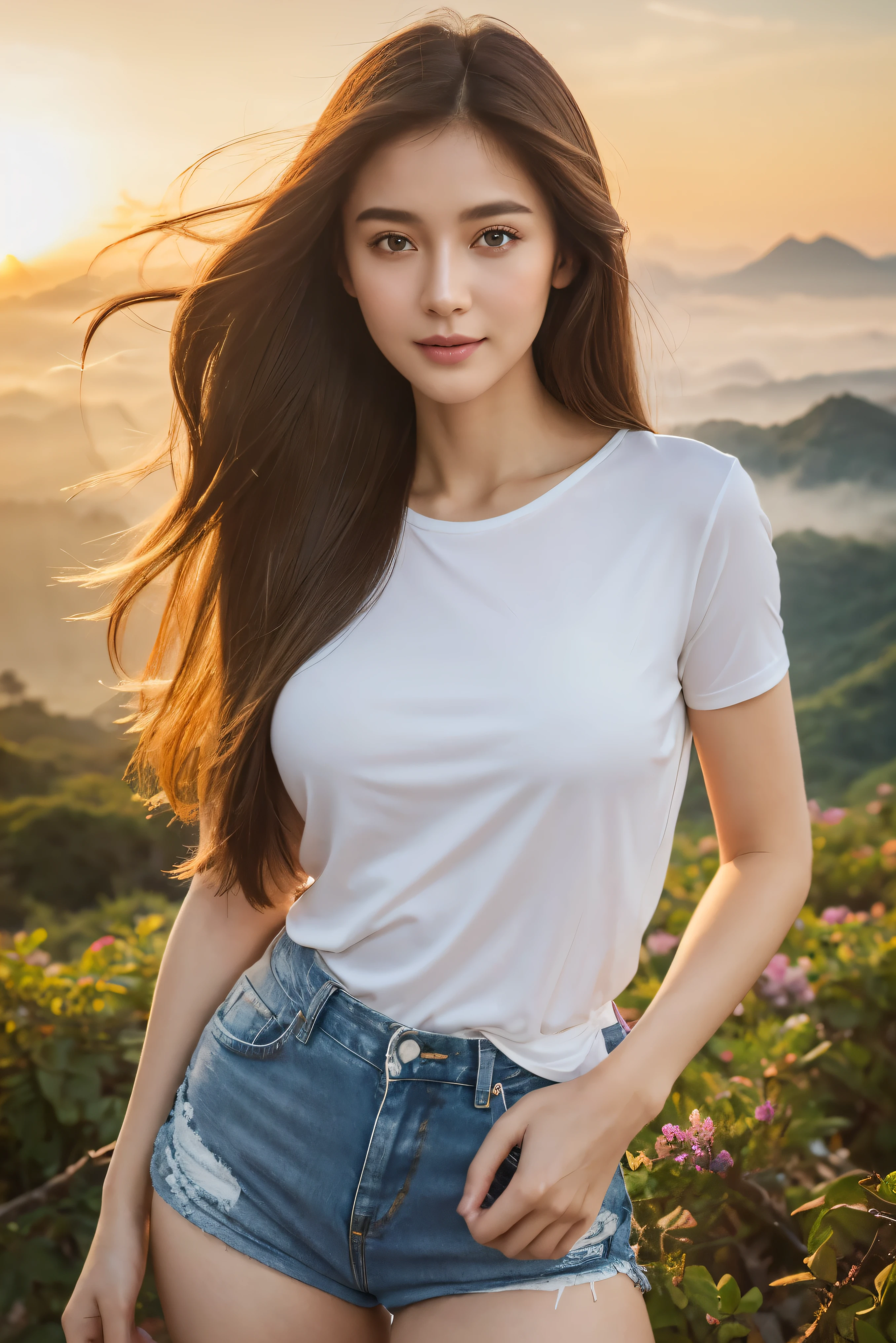 (best quality,4k,height,Masterpiece:1.2),Very detailed,realistic,Ivory white skin,Beautifully detailed eyes,Long silky hair,Bright and natural light,A gentle and elegant smile,Deep and expressive eyes,delicate face,Bright, tight-fitting t-shirt.,Stylish denim shorts,The quiet mountains are shrouded in a sea of mist.,Stunning sunrise casting warm hues,Beautiful flowers bloomed in front of us.,The atmosphere is dreamy and peaceful.,Beautiful landscape of Thailand,Harmony between nature and humanity