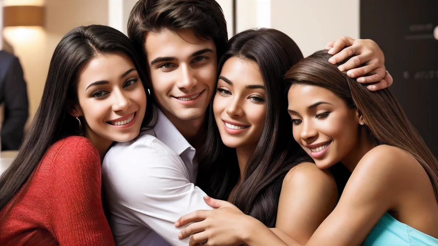 extrovertido masculino, surrounded by women hugging him
