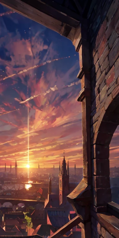 、Depiction looking up from below a medieval European metropolis、Highlighted view、The sunset is beautiful in the evening.