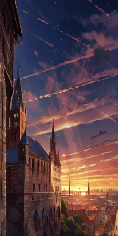 、Depiction looking up from below a medieval European metropolis、Highlighted view、The sunset is beautiful in the evening.