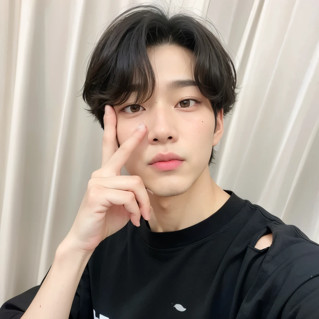 there is a man in a black shirt holding his finger to his eye, Shim Jaeyun, Shim Jaeyun, Shim Jaeyun, Shim Jaeyun\the full lips, shim jaeyun, shim jaeyun, shim jaeyun, jake shim, shim jaeyun, profile picture with headshot, adorable and pale korean face, pintar ulzzang, accurate shim jaeyun face, shim jaeyun right eyelid is swollen