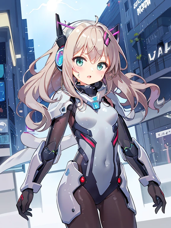 ((masterpiece:1.4、highest quality))+、(super detailed)+、
1 girl、cyberpunk city、flat chest、headphone、wavy hair、mecha clothes、(robot girl)、Cool move、Silver Bodysuit、colorful background、Wet day、(lightning effect)、Silver Dragon Armor、(cold face)、cowboy shot、pretty girl