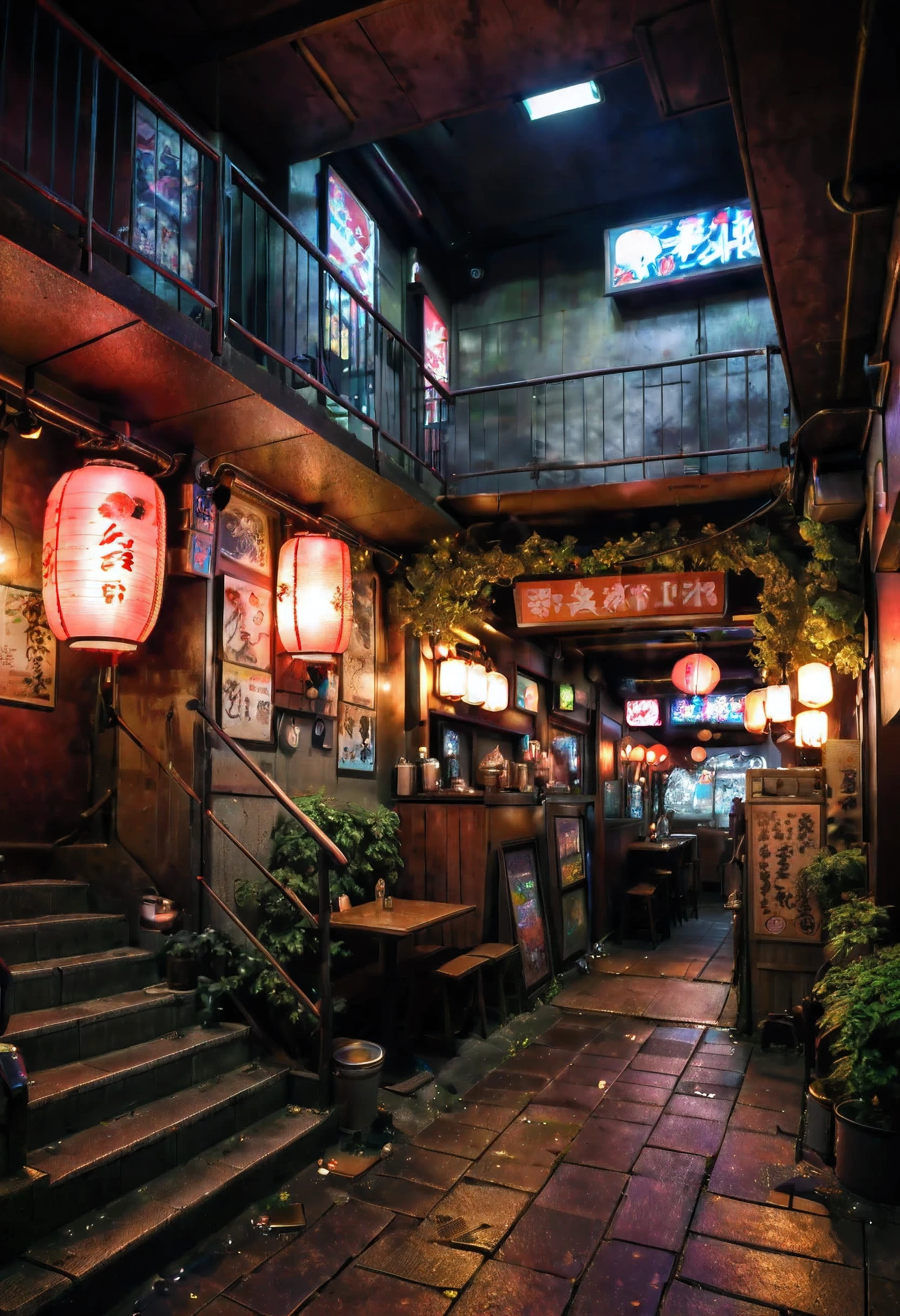 ((best quality,ultra-detailed,realistic):1.37). | anime style,((tokyo underground pub):1.3),((entrance under a stairs):1.25),neon lights,cosplay,graffiti art,no human ,smoky atmosphere,ramen stall,empty tables,hip hop music,techno beats,red brick walls,overgrown vines,sloping ceiling,dark wooden floor,low-lit lamps,distinctive street fashion,flickering lanterns,sake bottles,ramen bowls,wooden barrels,hidden corner seats,vibrant murals,arcade machines,anime posters,glowing neon signs,street vendor food stall,urban underground culture,secretive meeting spot,steaming bowls of miso ramen. | ((Unparalleled sharpness and clarity):1.1), ((Radiosity rendered in stunning 32K resolution):1.3), All captured with sharp focus. | (((More_detail))).